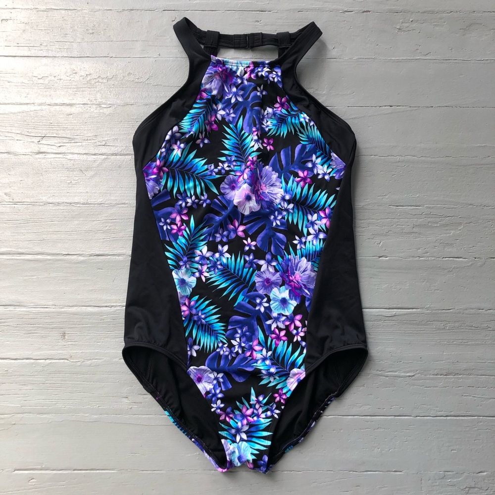 Lands End Black Floral One Piece Swimsuit Size 10 High Neck Purple